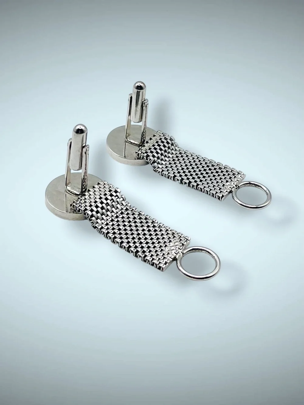 Vintage Mid Century Silver Tone Green Cabochon Mesh Wrap Cufflinks